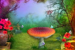 3d, Nature, Phantasmagoria, Mushroom, Butterfly, Flowers