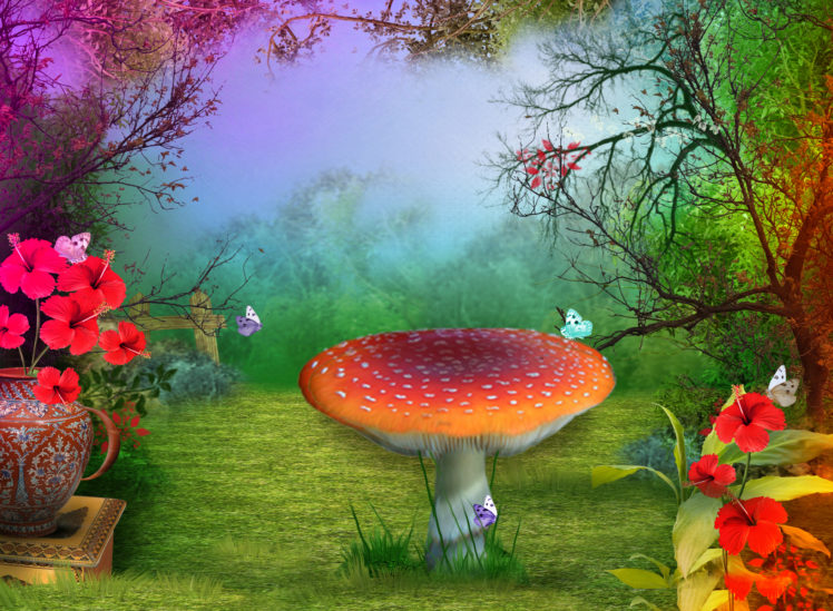 3d, Nature, Phantasmagoria, Mushroom, Butterfly, Flowers HD Wallpaper Desktop Background