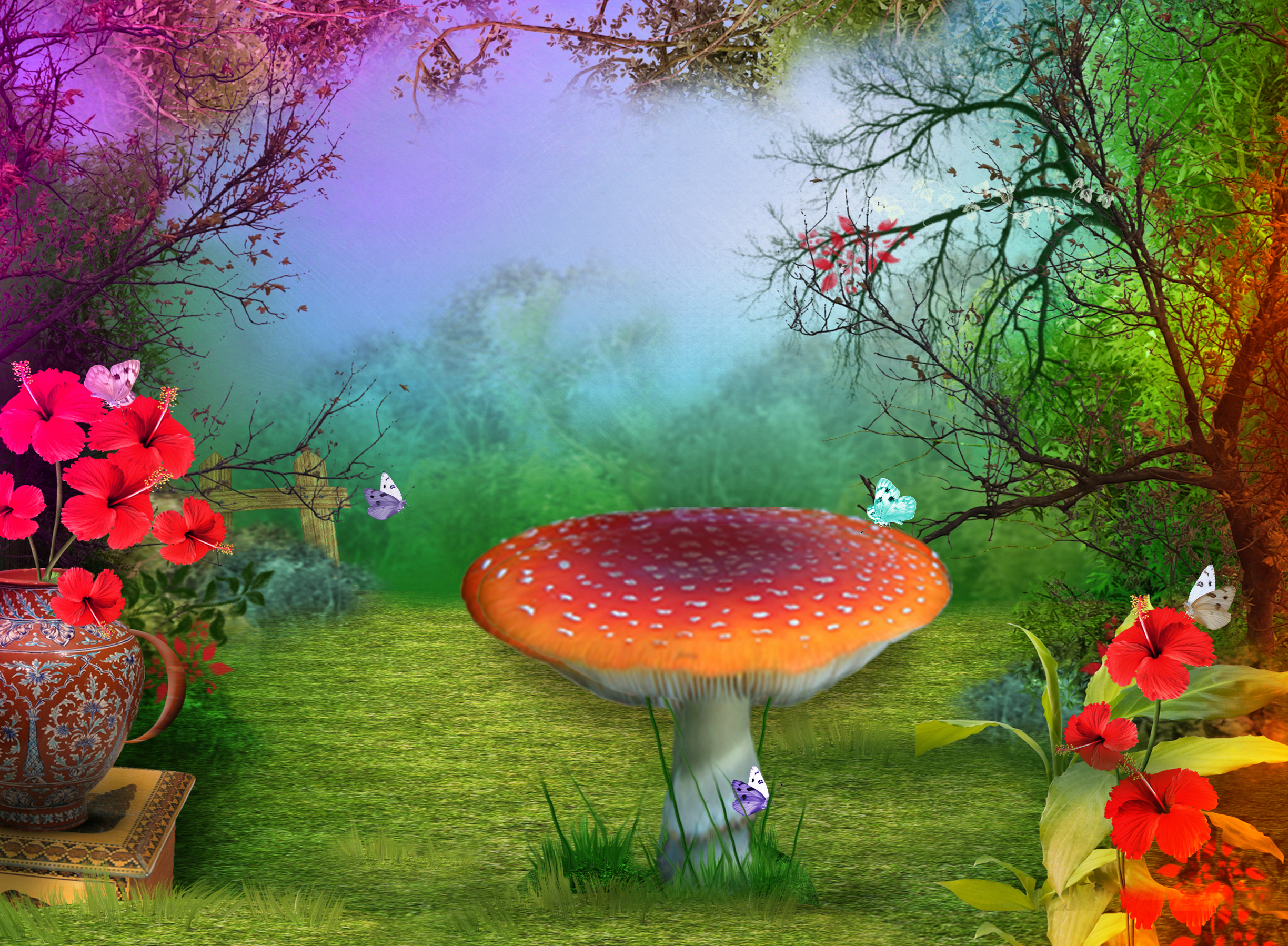 3d, Nature, Phantasmagoria, Mushroom, Butterfly, Flowers Wallpaper