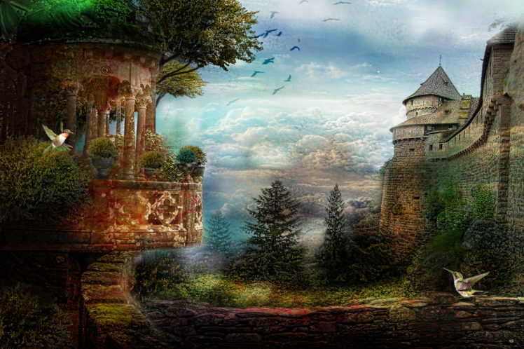 digital, Art, 3d, Phantasmagoria, Castle, Humming, Bird HD Wallpaper Desktop Background