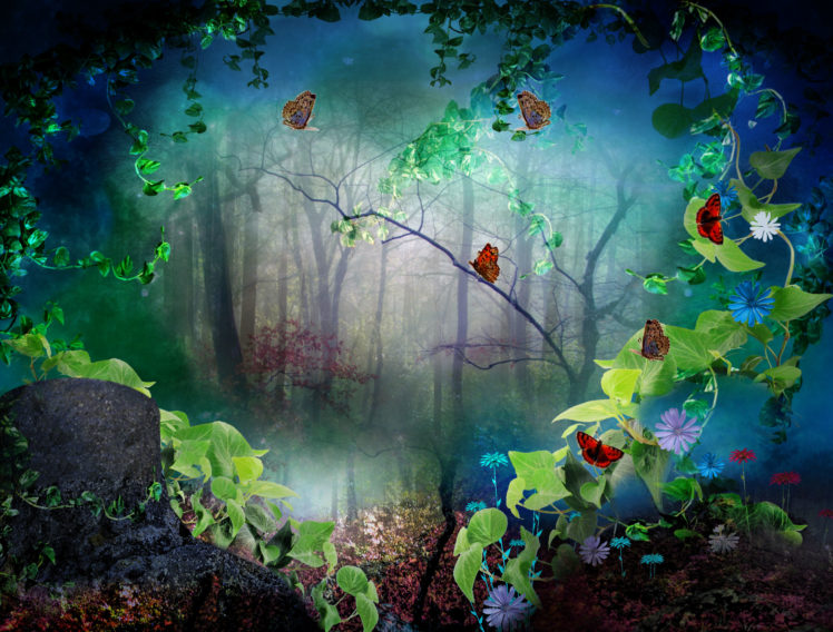 digital, Art, 3d, Phantasmagoria, Forest, Trees, Butterfly HD Wallpaper Desktop Background