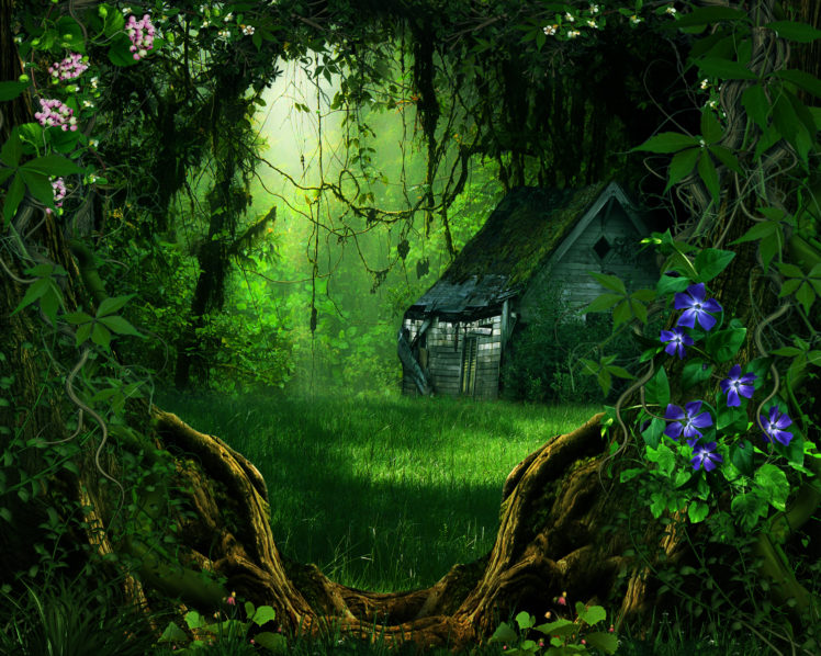 digital, Art, 3d, Phantasmagoria, Trees, Forest, Flowers, Building HD Wallpaper Desktop Background