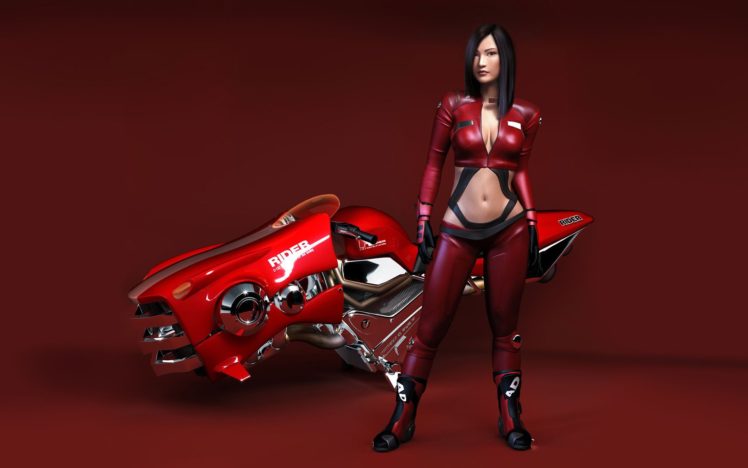 3d, Women, Girl, Brunette, Leather, Rider, Red, Bike HD Wallpaper Desktop Background