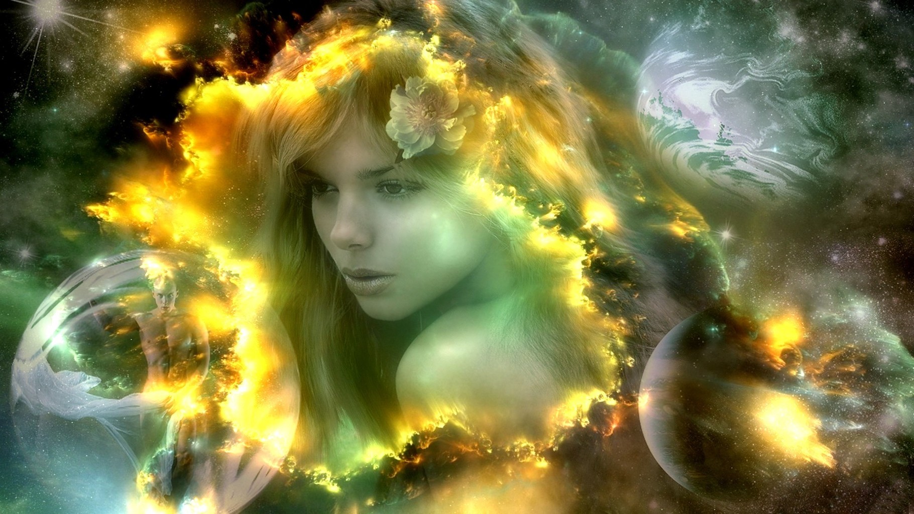 fantasy, Women, Planets, Space, Bubbles, Flowers, Nebula, Stars Wallpaper