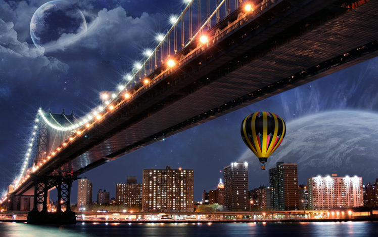 bridge, Balloon, Buildings, Night, Planets, Cities, Sci fi, Sky, Planets, Stars, Fantasy HD Wallpaper Desktop Background