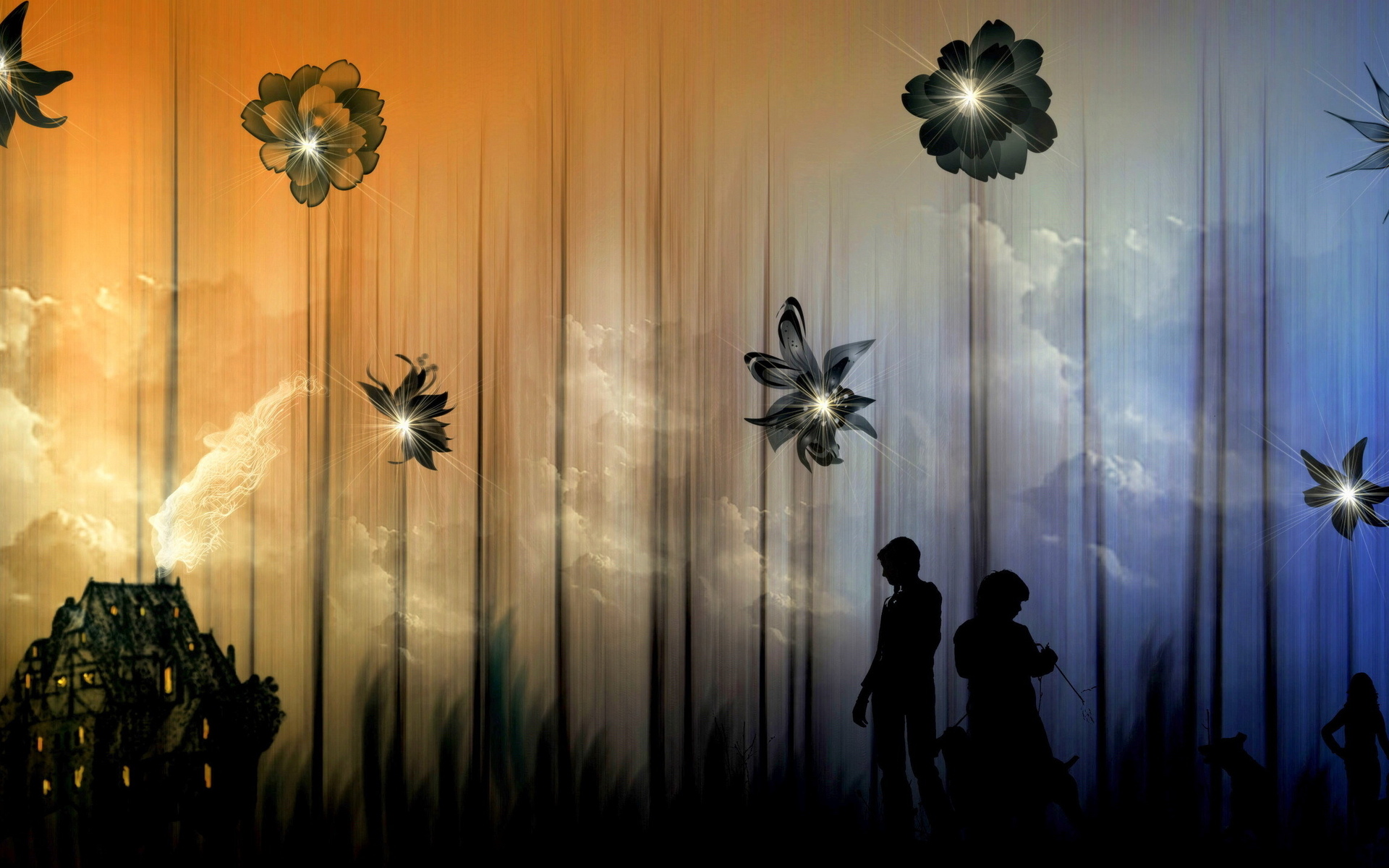 silhouette, Fantasy, People, Flowers, Abstract, Mood, Buildings, Couple Wallpaper
