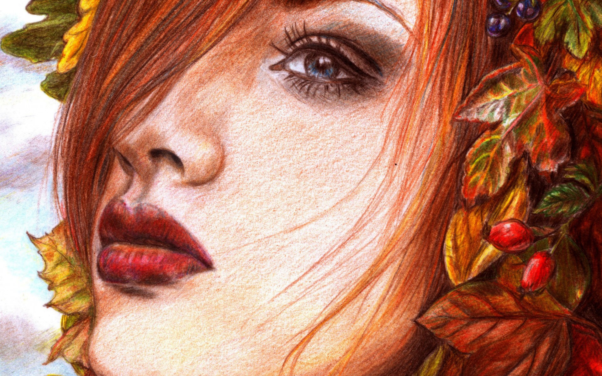 painting, Girl, Face, Makeup, Eyes, Red, Lips, Hair, Leaves, Berries Wallpaper