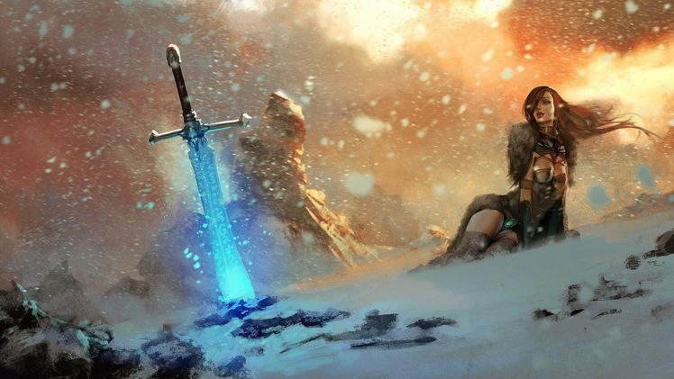 women, Mountains, Snow, Storm, Fantasy, Art, Magic, Swords HD Wallpaper Desktop Background