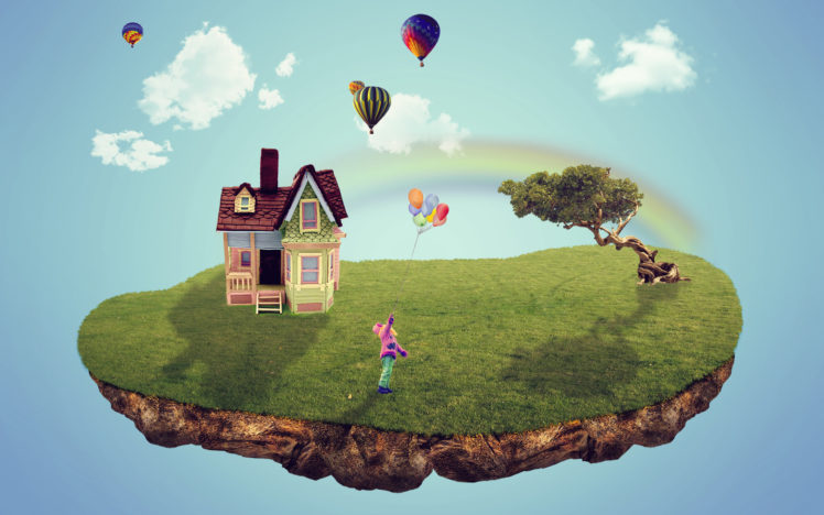 sky, Land, House, Balloons HD Wallpaper Desktop Background