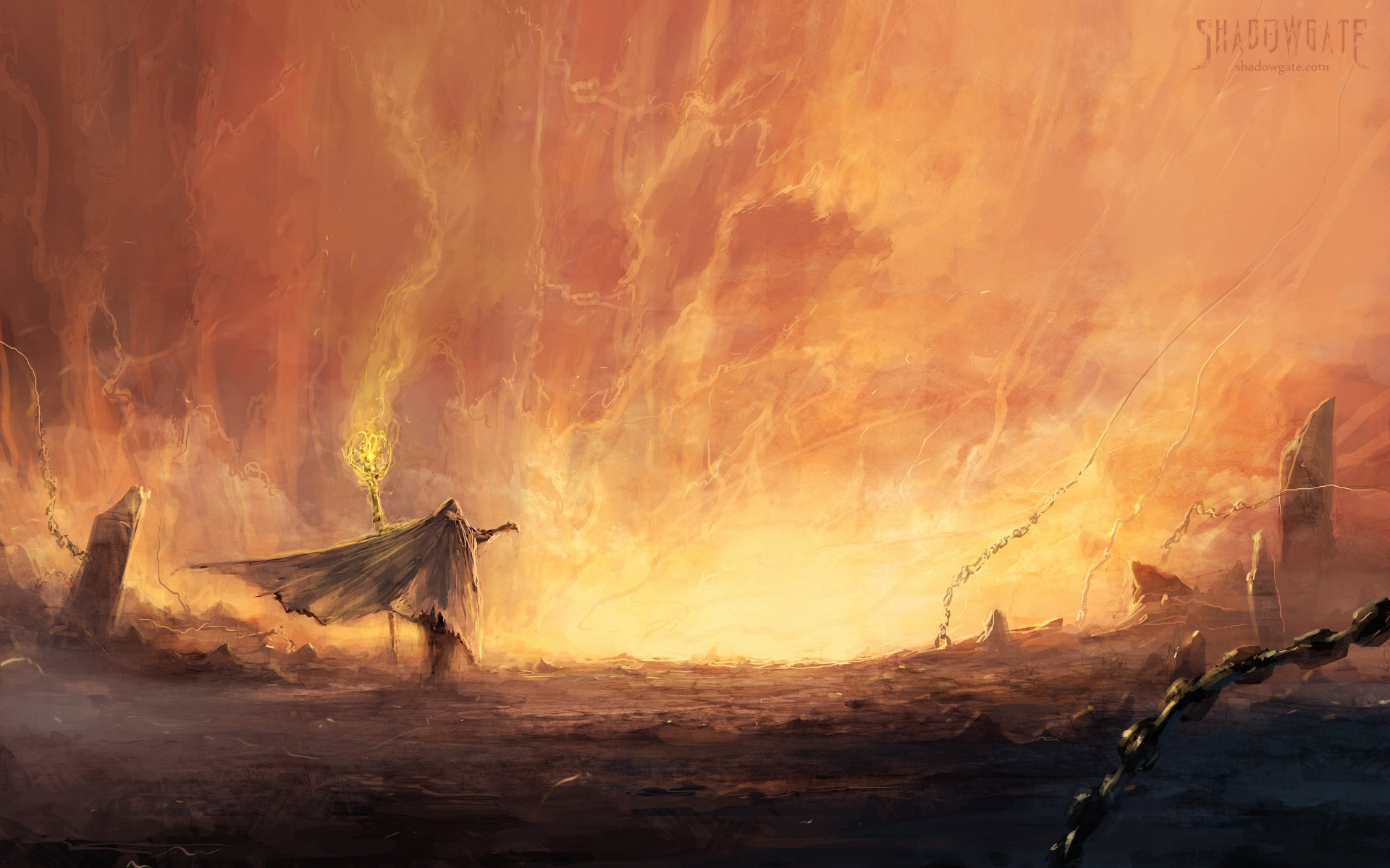 art, Fantasy, Shadowgate, Man, Stick, Fire, Chains, Cloak Wallpaper