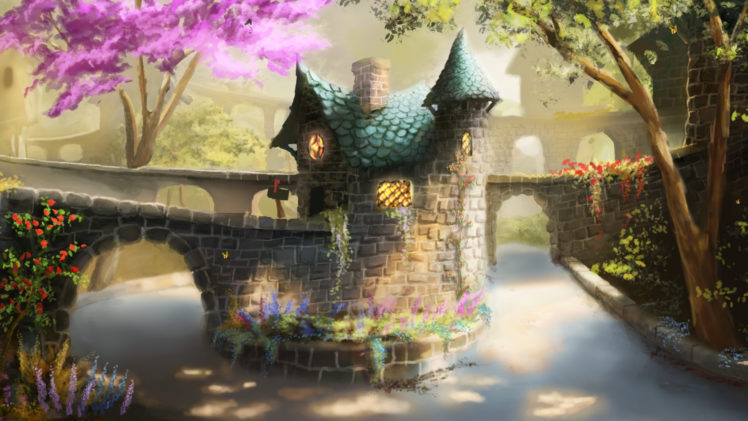art, Painting, Painting, Bridge, House, Tree, Flowers, River HD Wallpaper Desktop Background