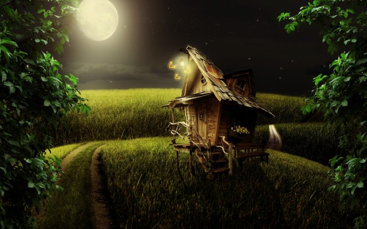 night, The, Moon, Road, Field, House, Landscape HD Wallpaper Desktop Background