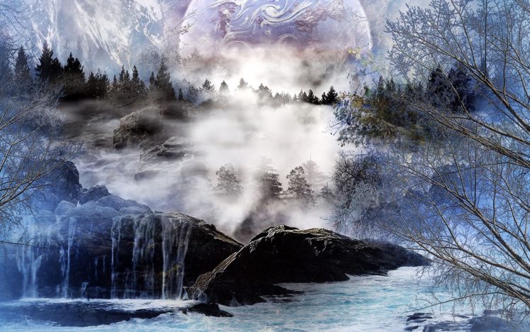 river, Trees, Waterfall, 3d, Art HD Wallpaper Desktop Background
