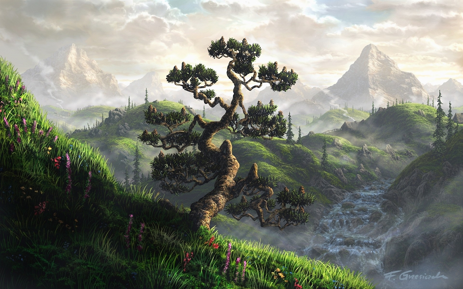 mountains, Landscapes, Trees, Artwork, Drawings, Waterfalls, Rivers, Fel x Wallpaper