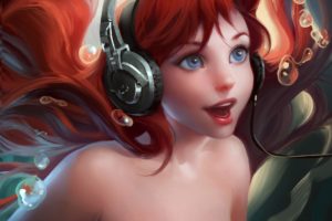 mermaid, Headphones, Hair, Redhead, Girl, Glance, Fantasy