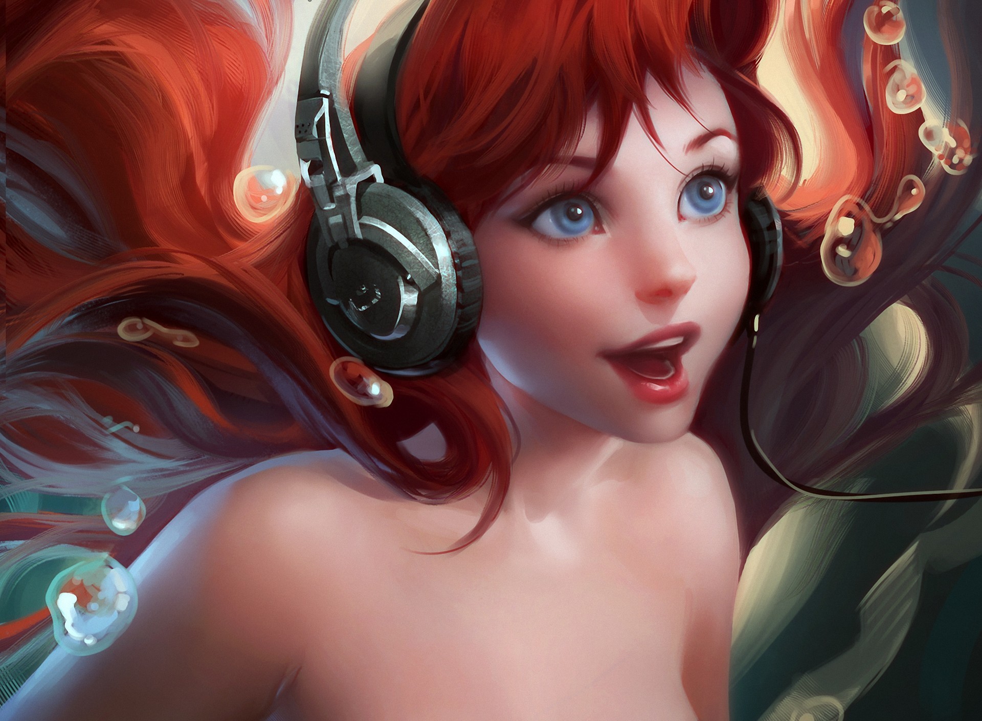 mermaid, Headphones, Hair, Redhead, Girl, Glance, Fantasy Wallpaper