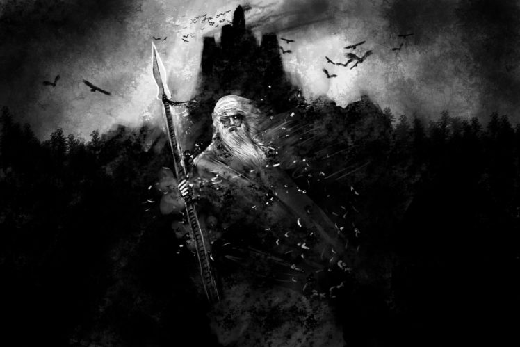 black, And, White, Fantasy, Art, Odin, Mythology, Gods HD Wallpaper Desktop Background