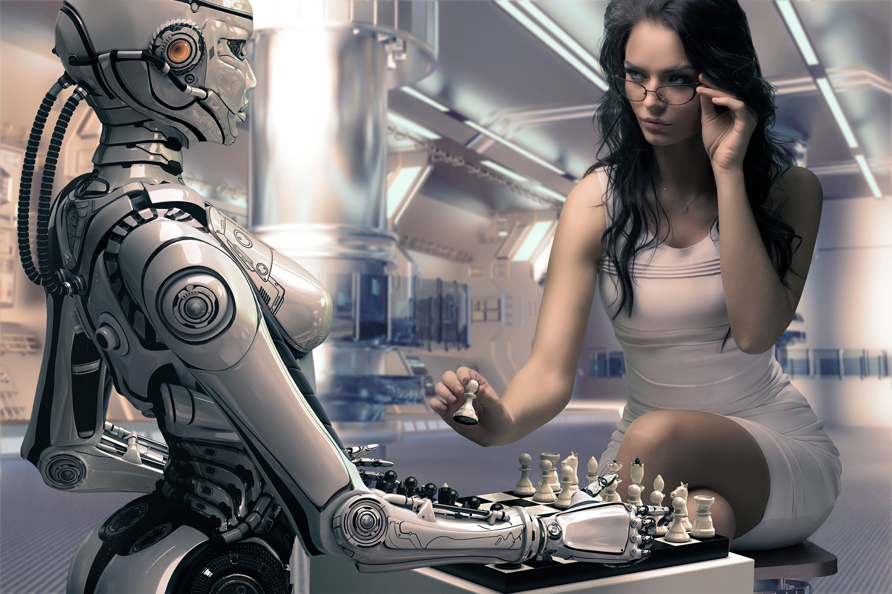 robot, Girl, Chess, Rendering Wallpaper