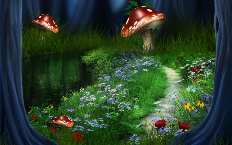 3d, River, Forest, Landscape, Nature, Path, Flowers HD Wallpaper Desktop Background