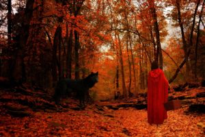 red, Riding, Hood, Wolf, Wolves, Trees, Forest, Mood, Autumn, Girl, Girls, Women
