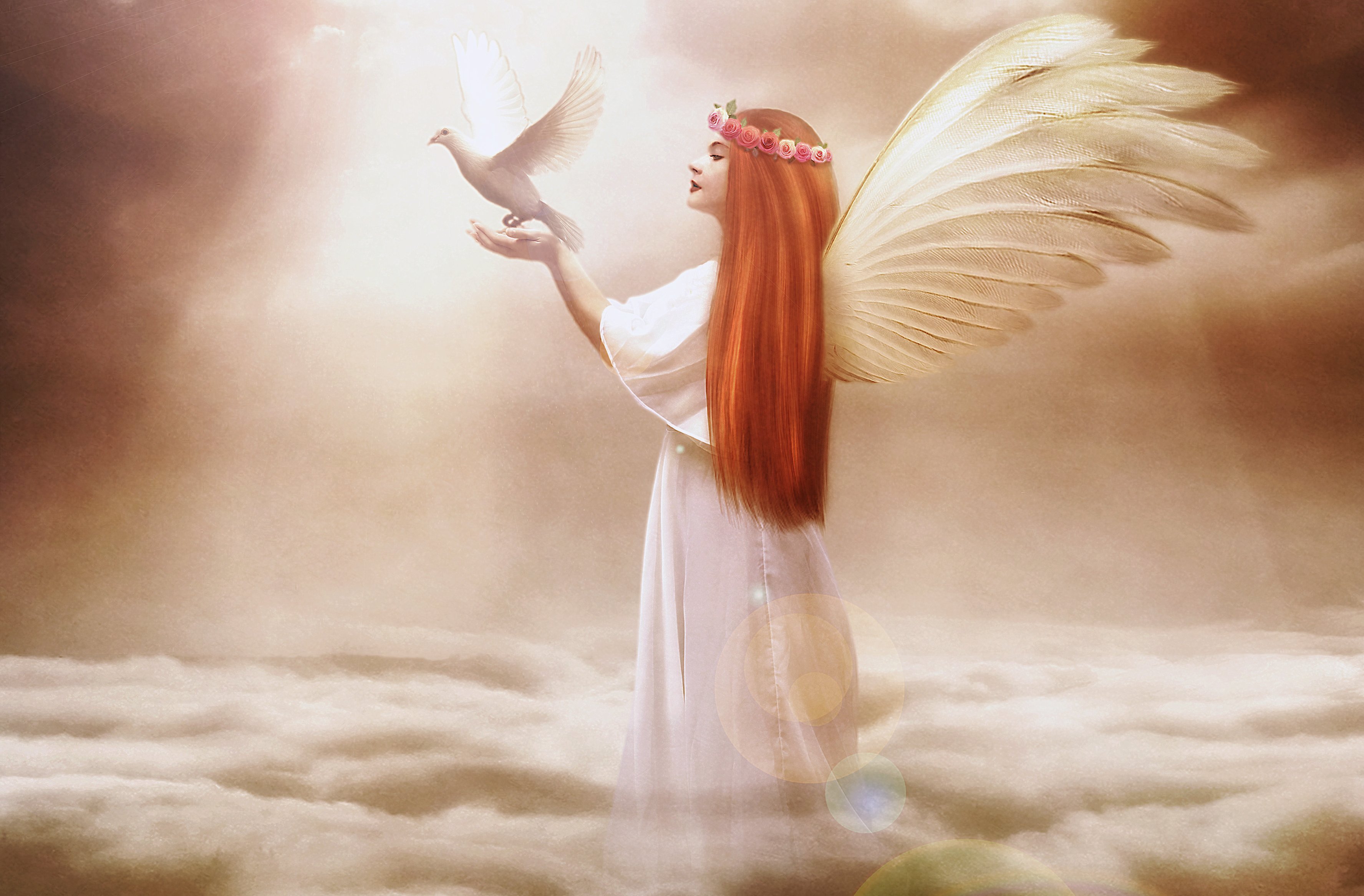 angels, Pigeons, Redhead, Girl, Wings, Clouds, Fantasy, Girls, Angel Wallpaper