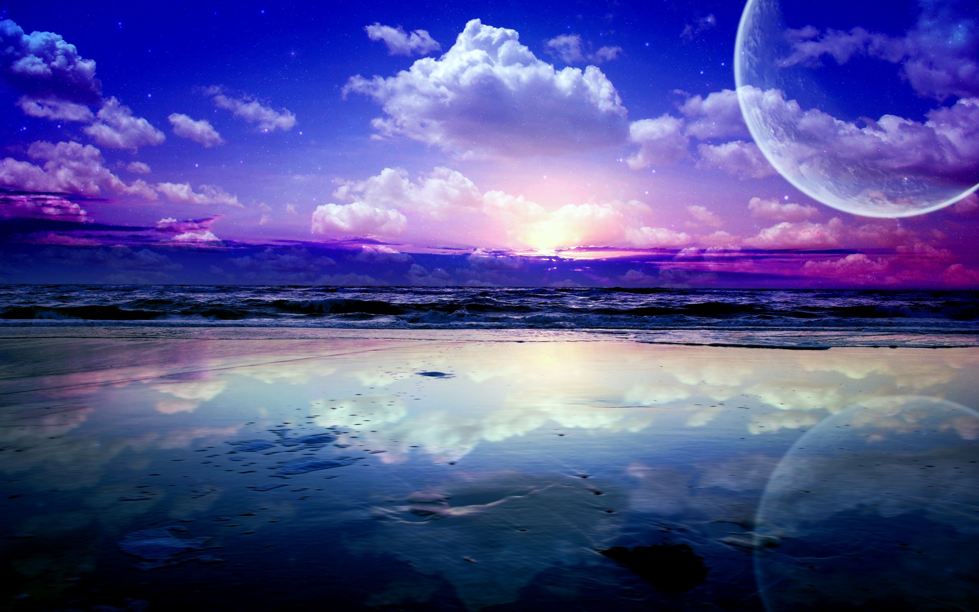 landscape, Sea, Waves, Planets, Sky, Clouds, Stars, Reflection Wallpaper