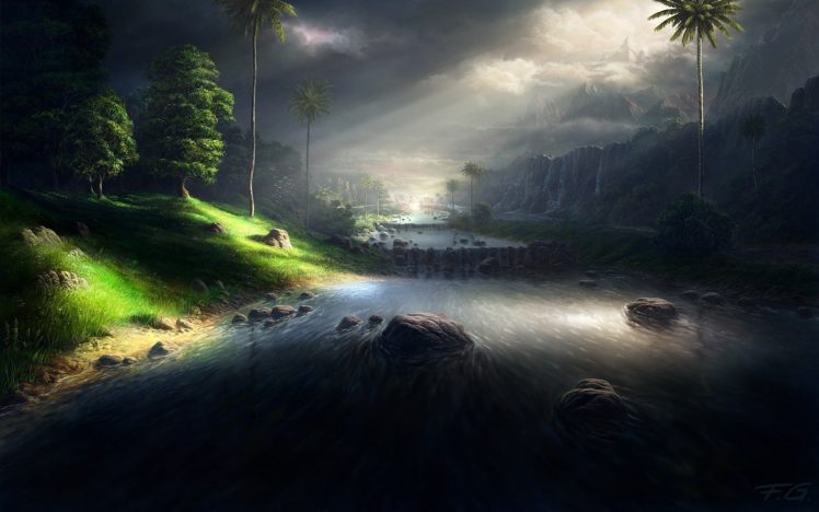 landscapes, Nature, Storm, Digital, Art, Palm, Trees, Rivers HD Wallpaper Desktop Background