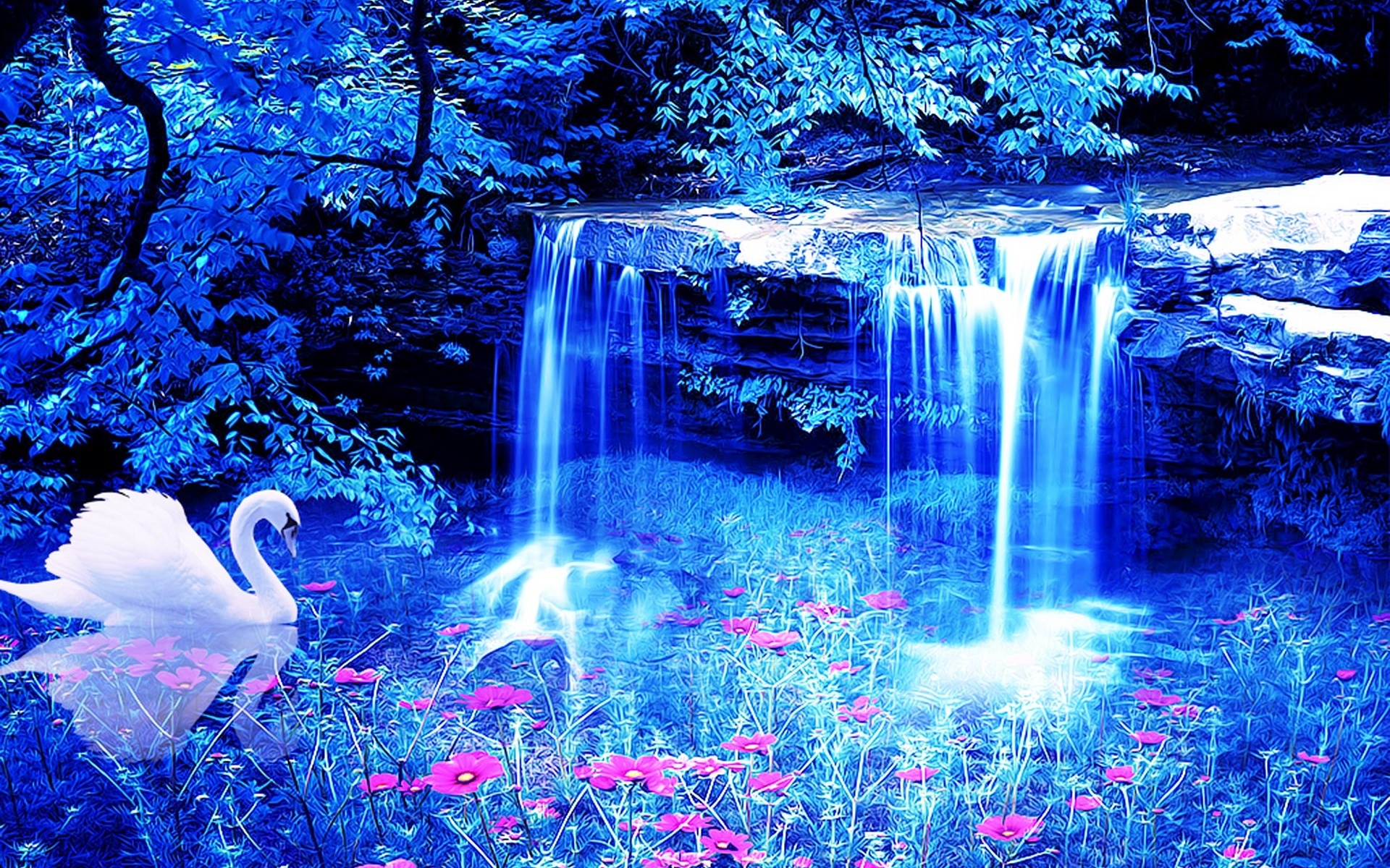 swan, Waterfall, Flowers, 3d Wallpapers HD / Desktop and Mobile Backgrounds