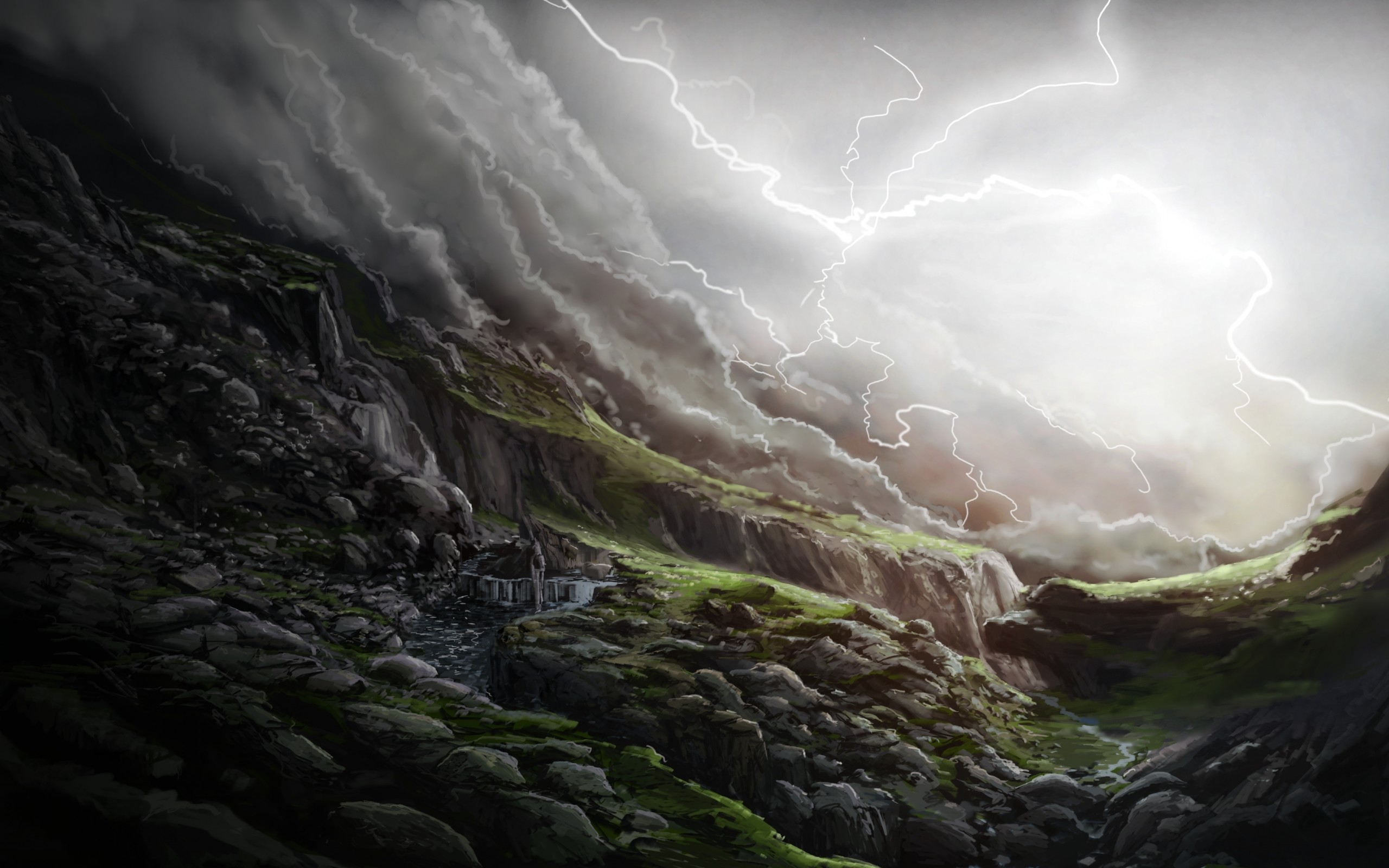 art, Lightning, Glen, Stones, Slope, Waterfall, Rain, Storm, Clouds, Landscape Wallpaper