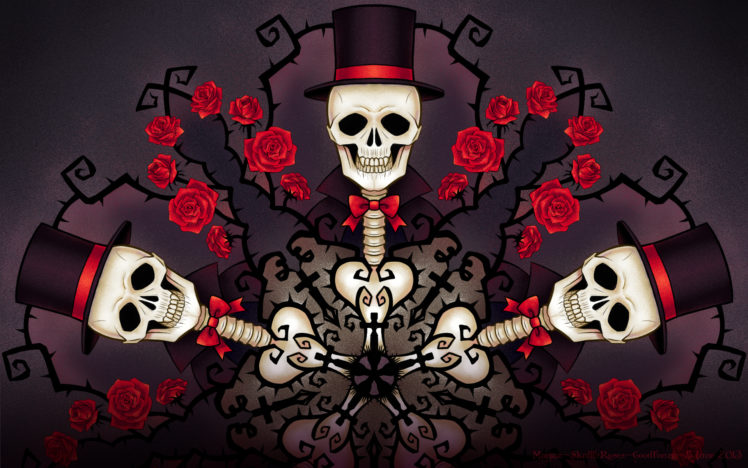 skulls, Roses, Hat, Fantasy, Skull, Gothis, Flower HD Wallpaper Desktop Background