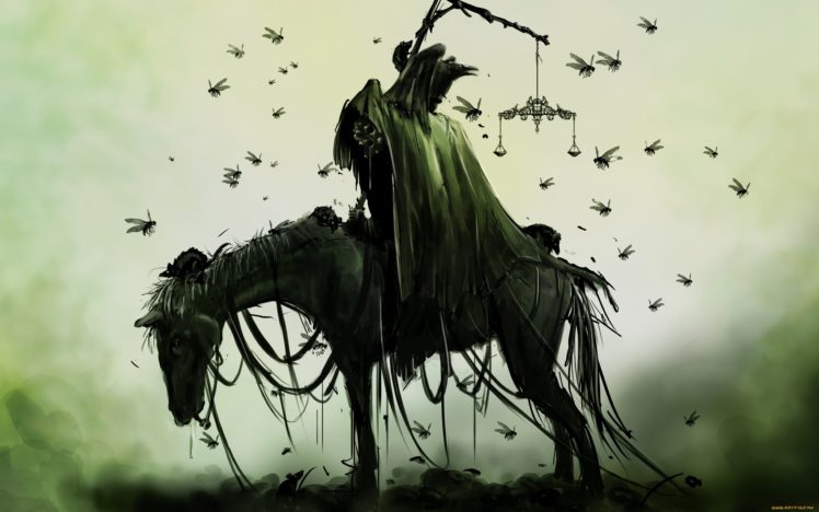 horse, Drawing, Death, Grim, Reaper, Bugs, Green, Dark HD Wallpaper Desktop Background