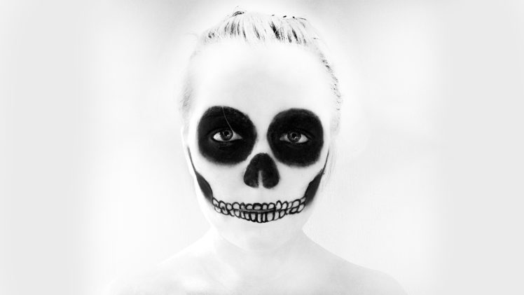 skull, Makeup, B w, Face, Dark, Skulls, Halloween HD Wallpaper Desktop Background