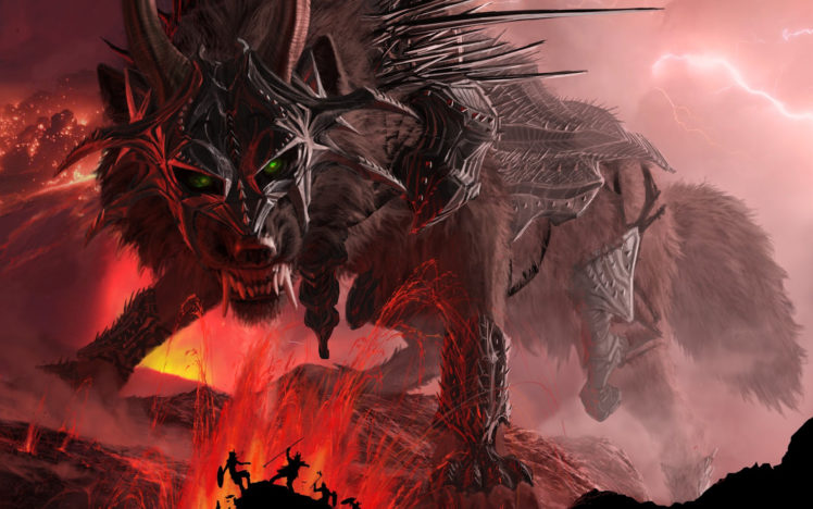 wolf, Jaws, Teeth, Horns, Armor, Mountains, Lava, Lightning HD Wallpaper Desktop Background