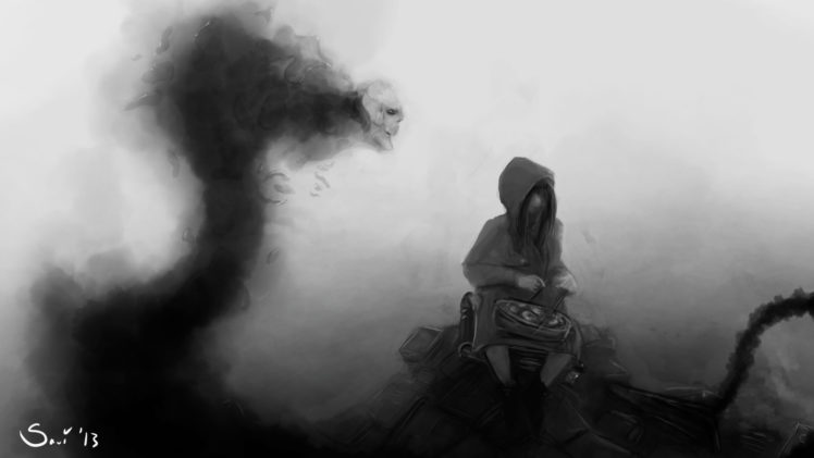 smoke, Monster, B w, Drawing, Dasrk, Fantasy, Skull, Skulls HD Wallpaper Desktop Background