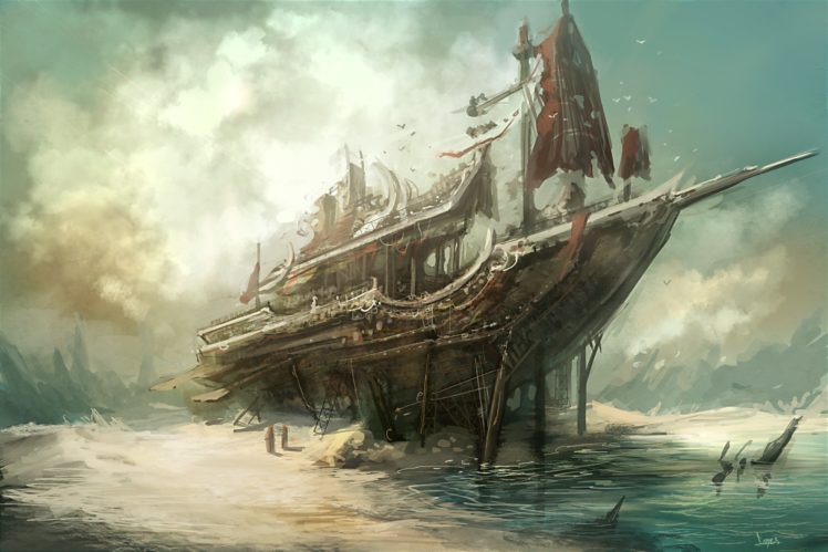 art, Beach, Skeleton, Ship, Sea HD Wallpaper Desktop Background