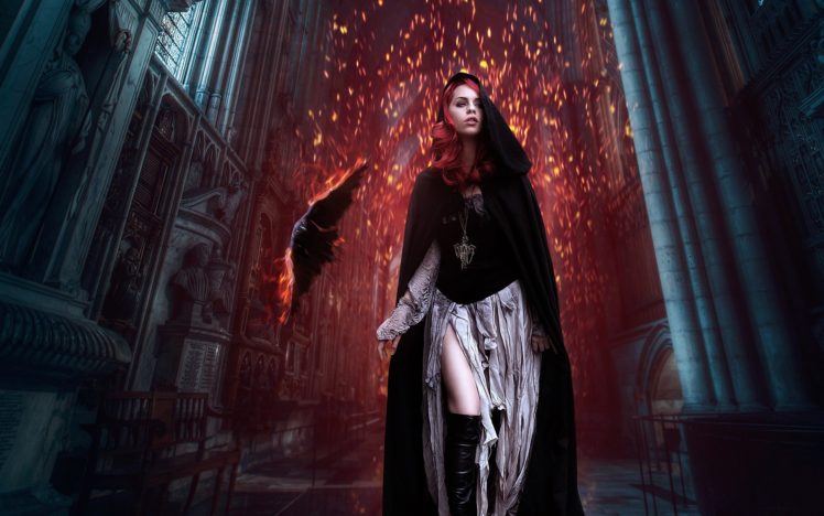 gothic, Crows, Fire, Hood, Headgear, Cloak, Fantasy, Girls HD Wallpaper Desktop Background