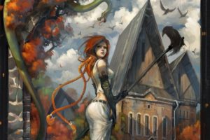 girl, Art, Red, Crows, Autumn, Halloween, Gothic, Witch