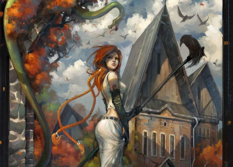 girl, Art, Red, Crows, Autumn, Halloween, Gothic, Witch HD Wallpaper Desktop Background
