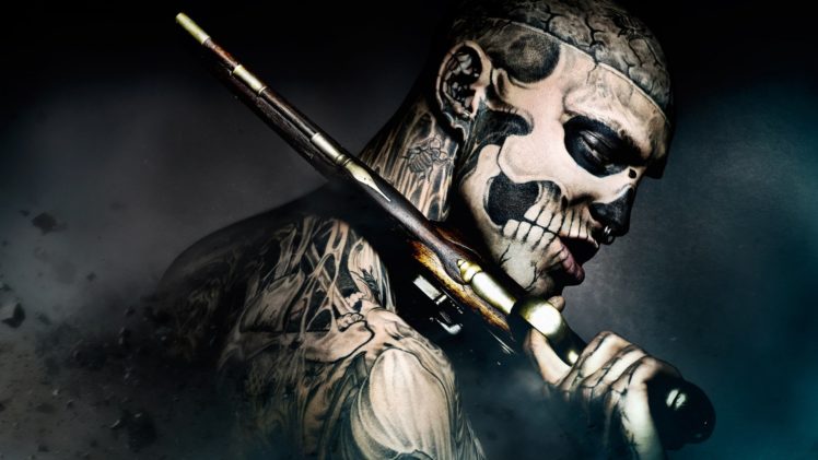 tattooed, Body,  , Freak gun tattoo skull HD Wallpaper Desktop Background
