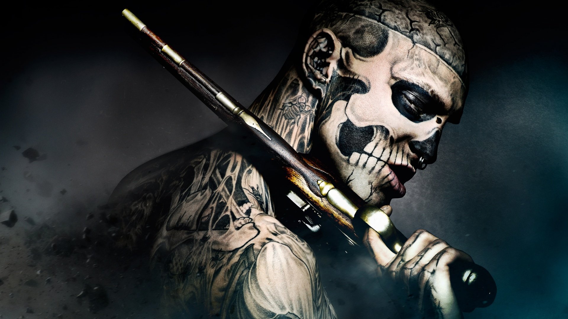 tattooed, Body,  , Freak gun tattoo skull Wallpaper