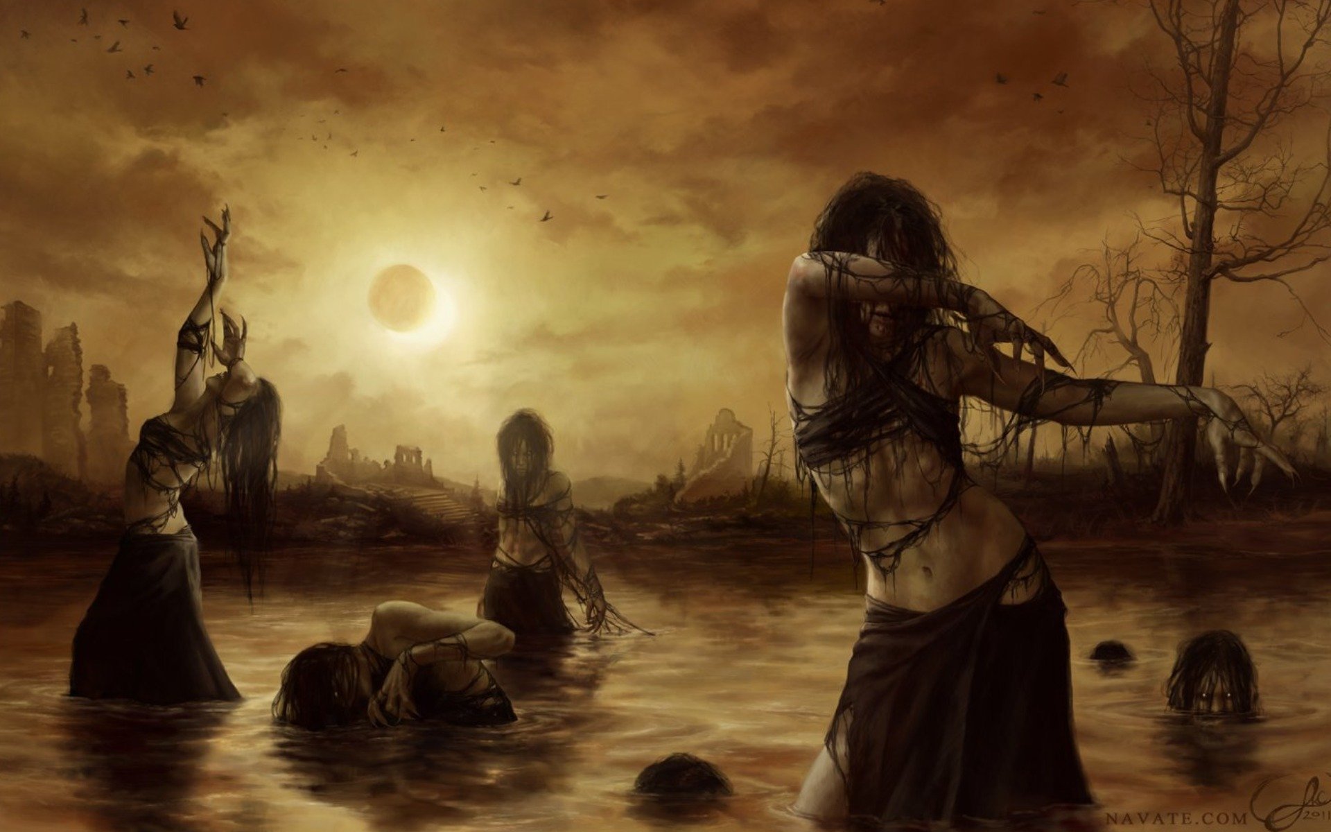 2d, Horror, Ruins, Swamp, Witches, Eclipse, Fantasy, Witch Wallpaper