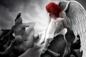 angel, Red, Hair,  , Fantasy, Statue