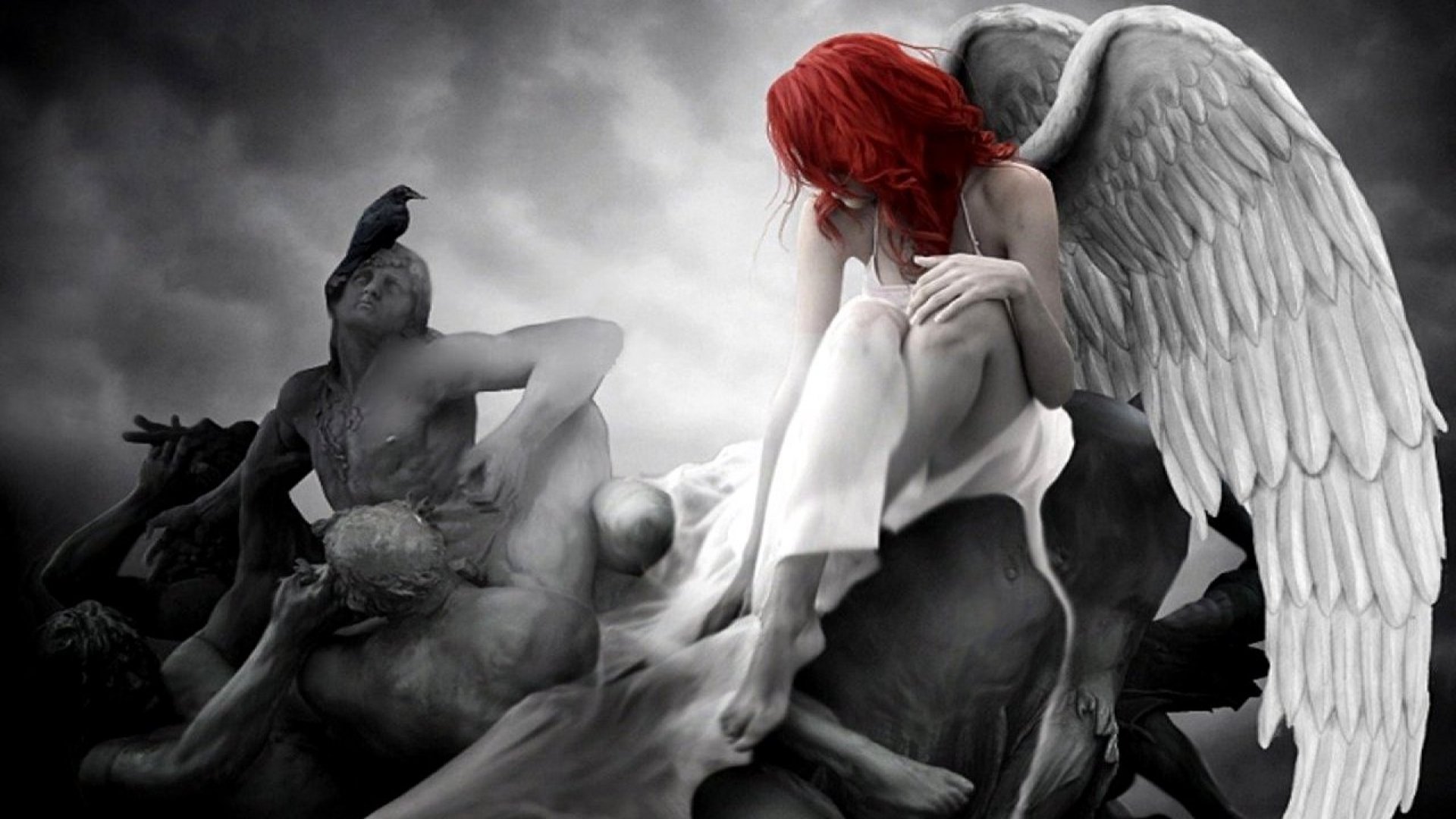 angel, Red, Hair,  , Fantasy, Statue Wallpaper