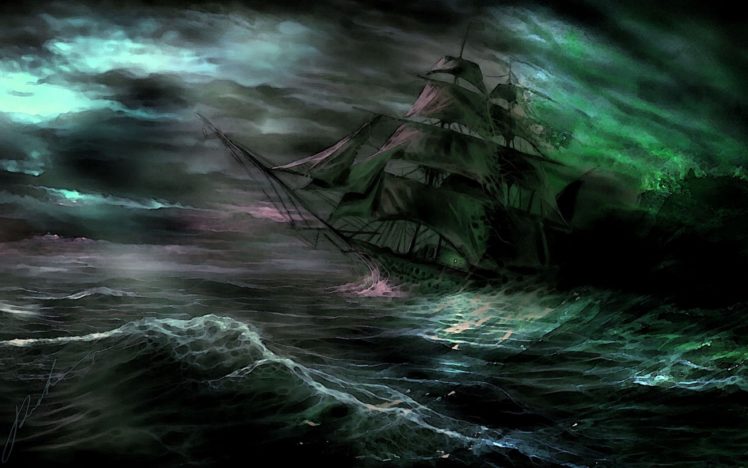 spooky, Ship, Shipwreck, Ghost, Fantasy, Storm, Ocean, Sea, Waves HD Wallpaper Desktop Background