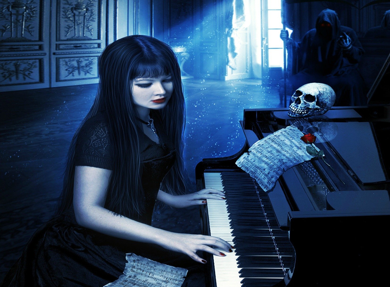 gothic, Girl, Piano Wallpaper