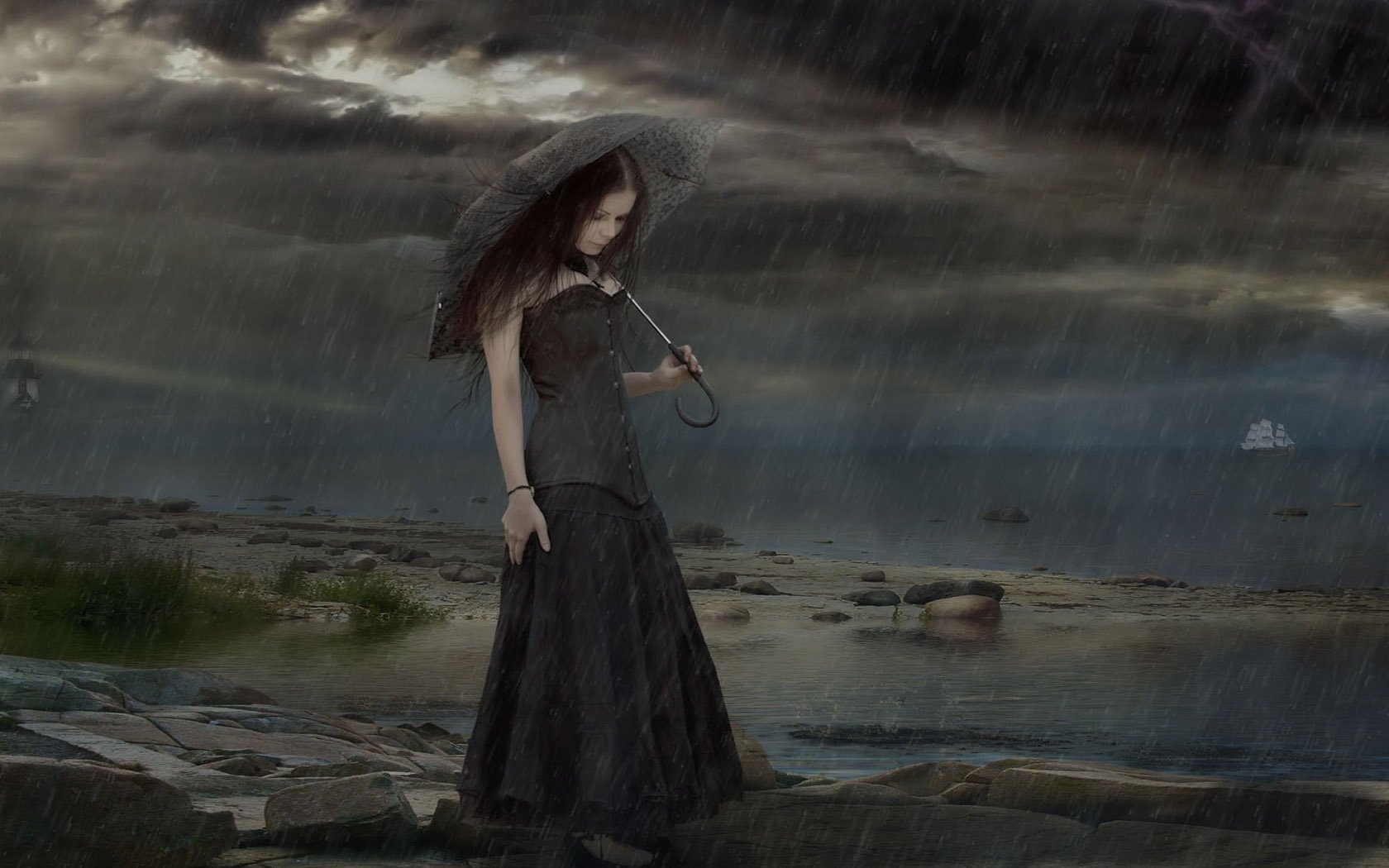 gothic, Girl, Rain Wallpaper