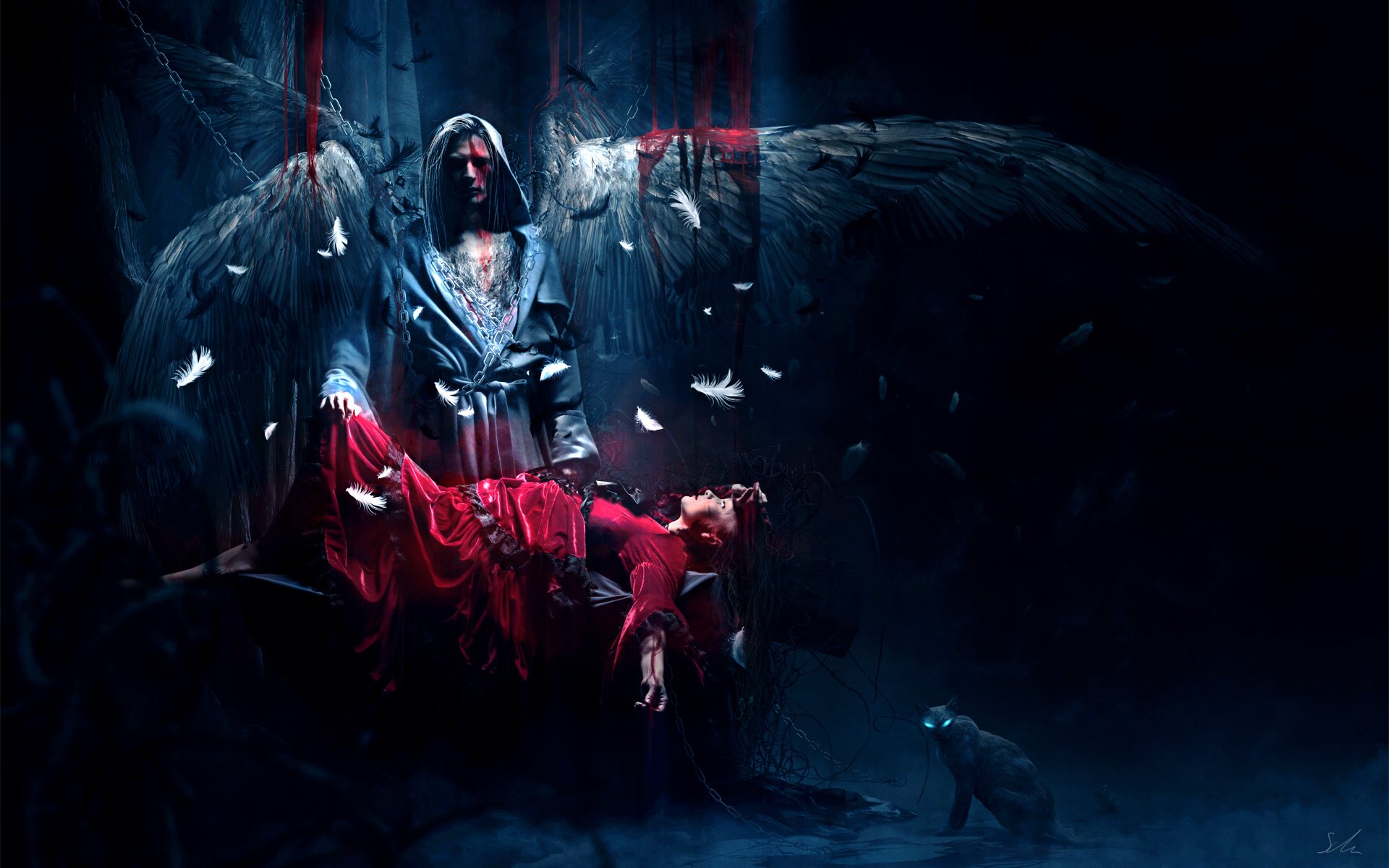 arts, Sacrifice, Blood, Dark, Red, Dress, Wings, Girl, Angel, Feathers, Girls Wallpapers HD 