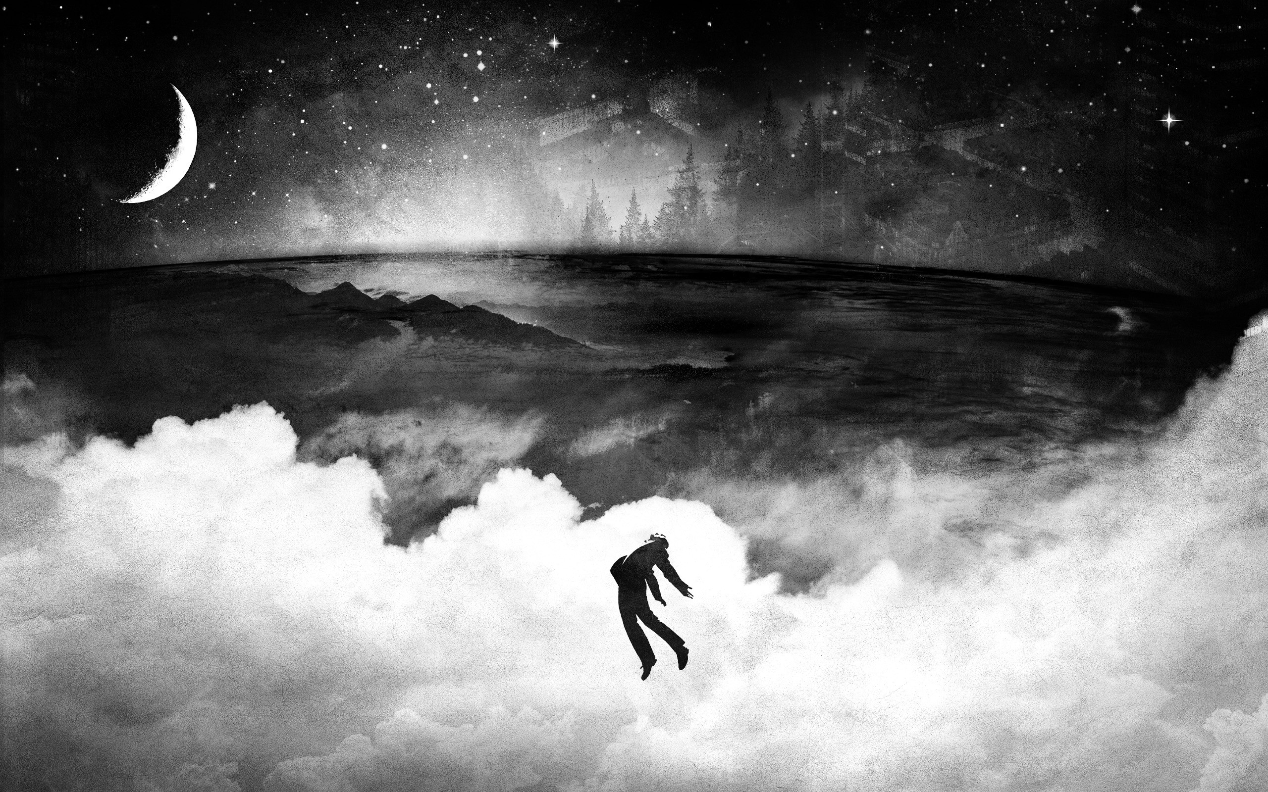 clouds, Outer, Space, Floating, Moon, Grayscale, Vhm, Alex, Artwork, Alex, Cherry Wallpaper