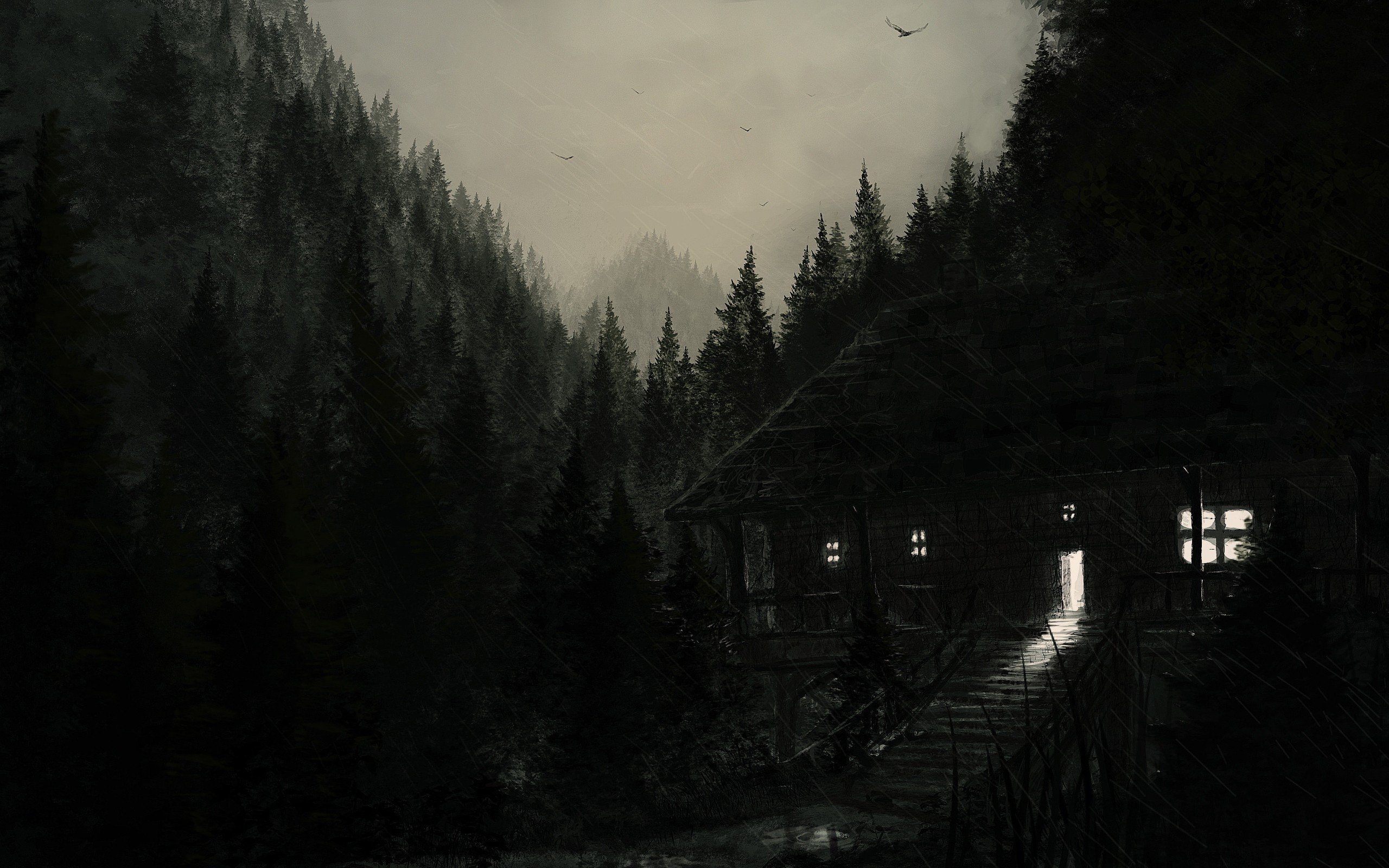dark, House, Forest, Rain, Birds, Sky, Painting Wallpapers HD / Desktop