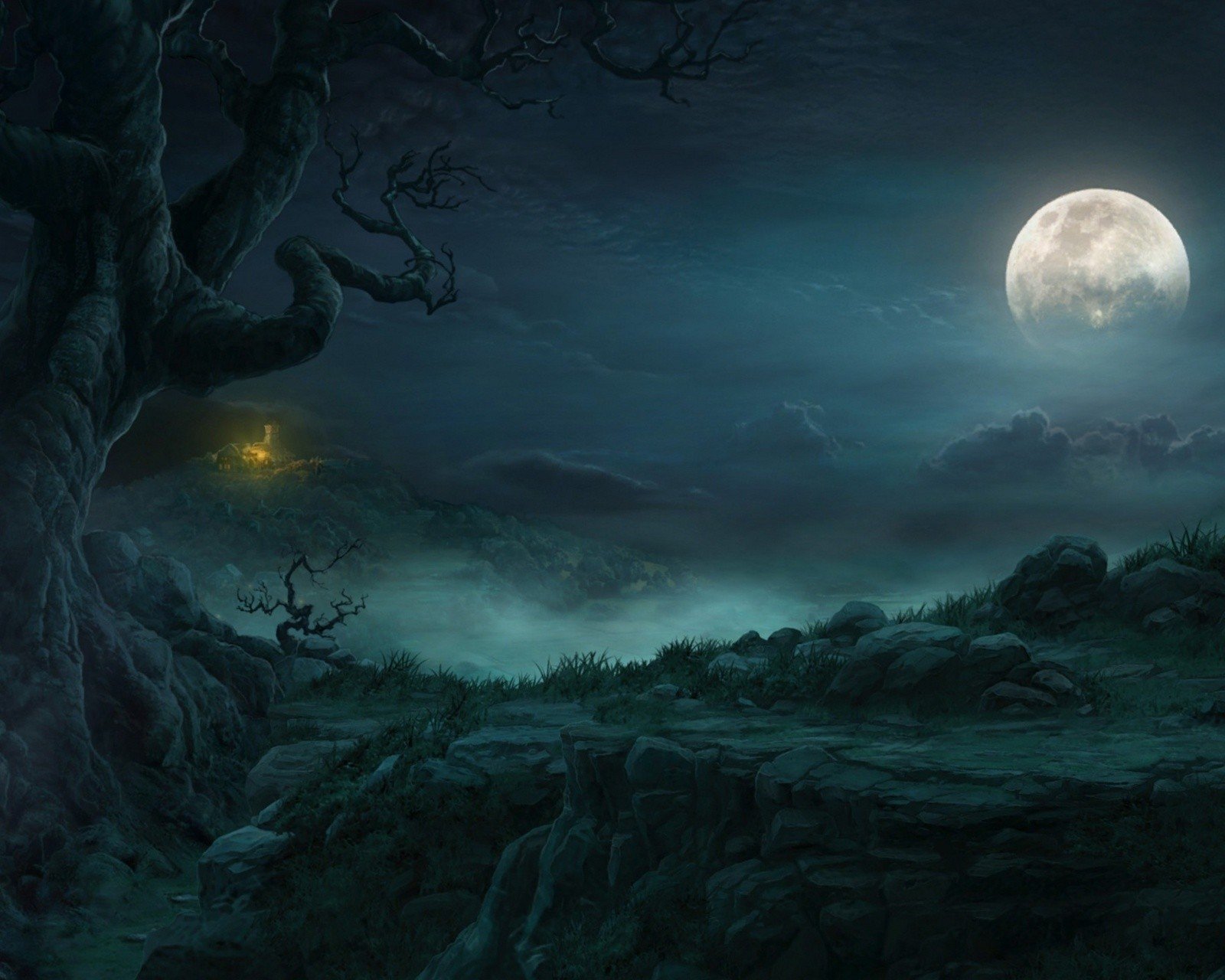 night, Moon, Mist, Digital, Art, Mystery, Fantasy Wallpaper